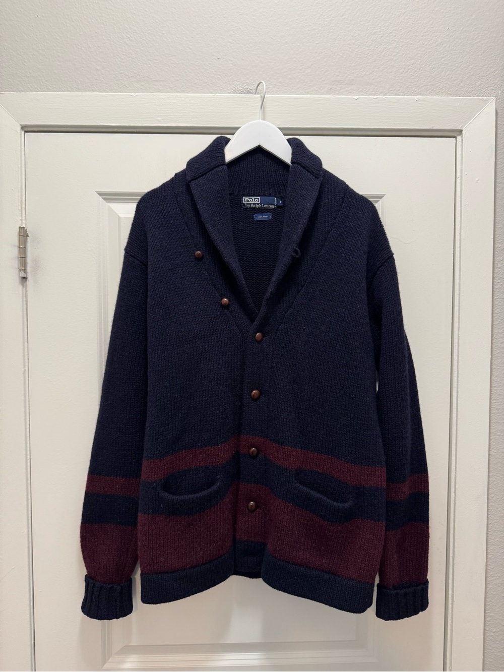 Vtg Polo Ralph Lauren 100% Wool Cardigan Blue Burgundy Cable Knit Shawl Collar